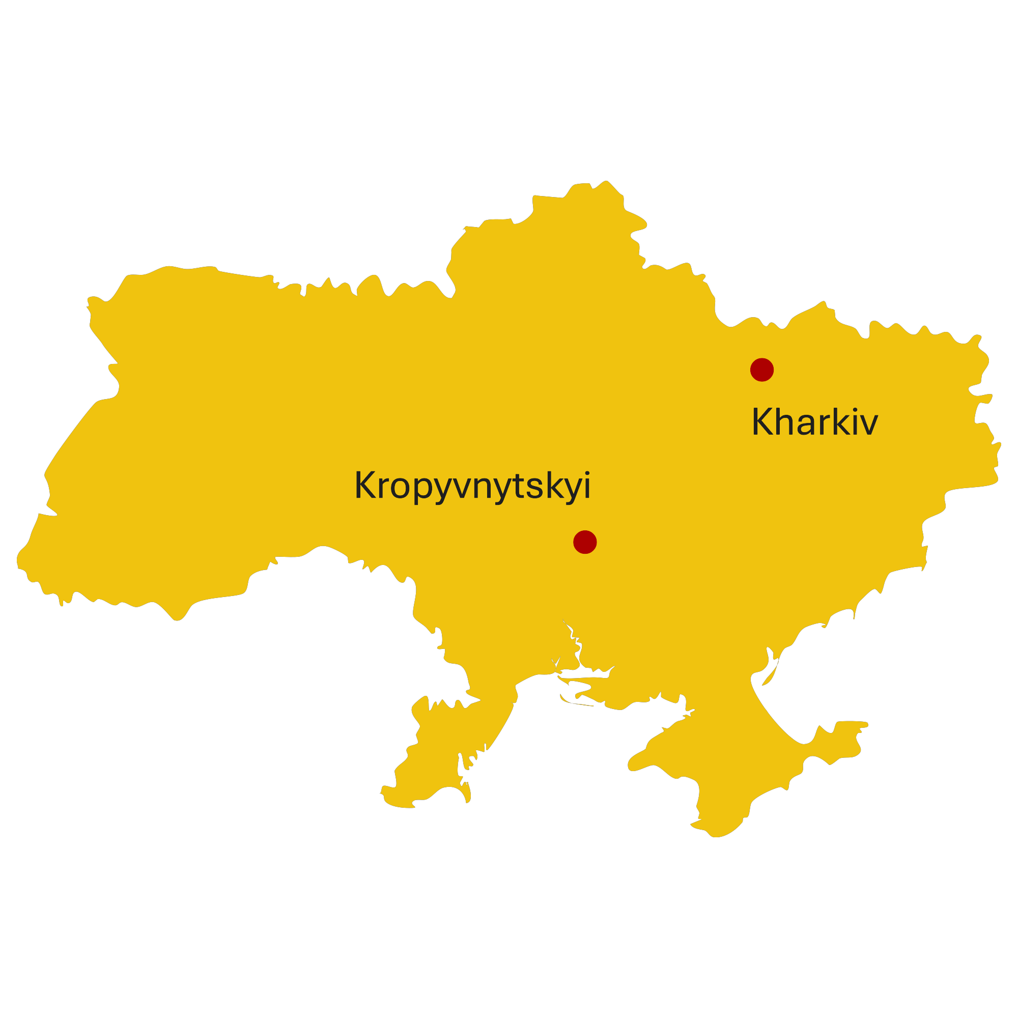 Dotted map of Ukraine highlighting Kharkiv and Kropyvnytskyi facilities